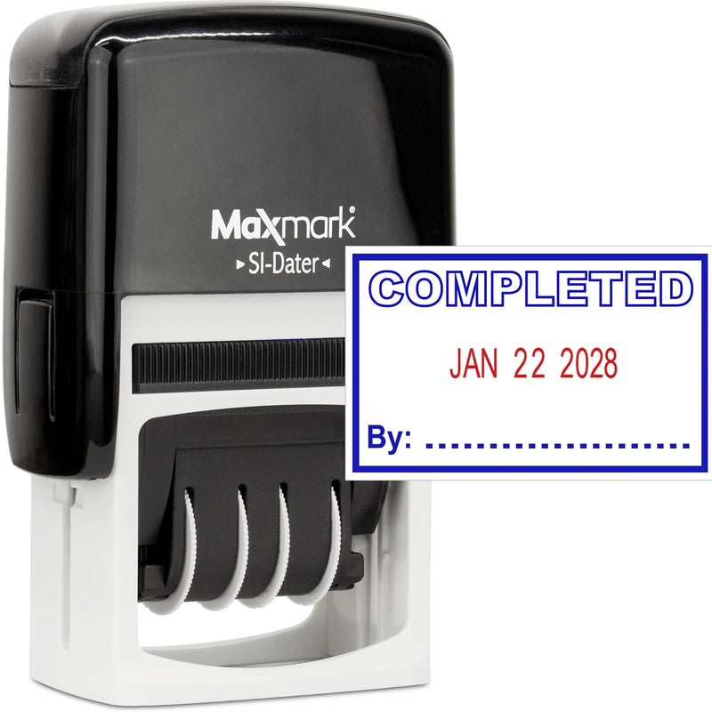MaxMark Office Self Inking Date Stamp with Phrase Completed - 2 Color Blue/Red Ink - Image 1